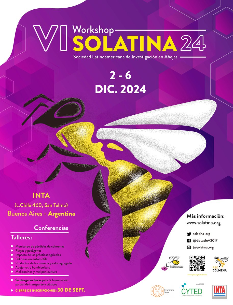 🔴 ¡Atención ! 🔴

Ya hay disponible en nuestra web información sobre el VI Workshop de SOLATINA (solatina.org/vi-workshop-de…) que se llevará a cabo en los primeros días de Diciembre en la hermosa ciudad de Buenos Aires.

#investigaciónenabejas #ciencialatina