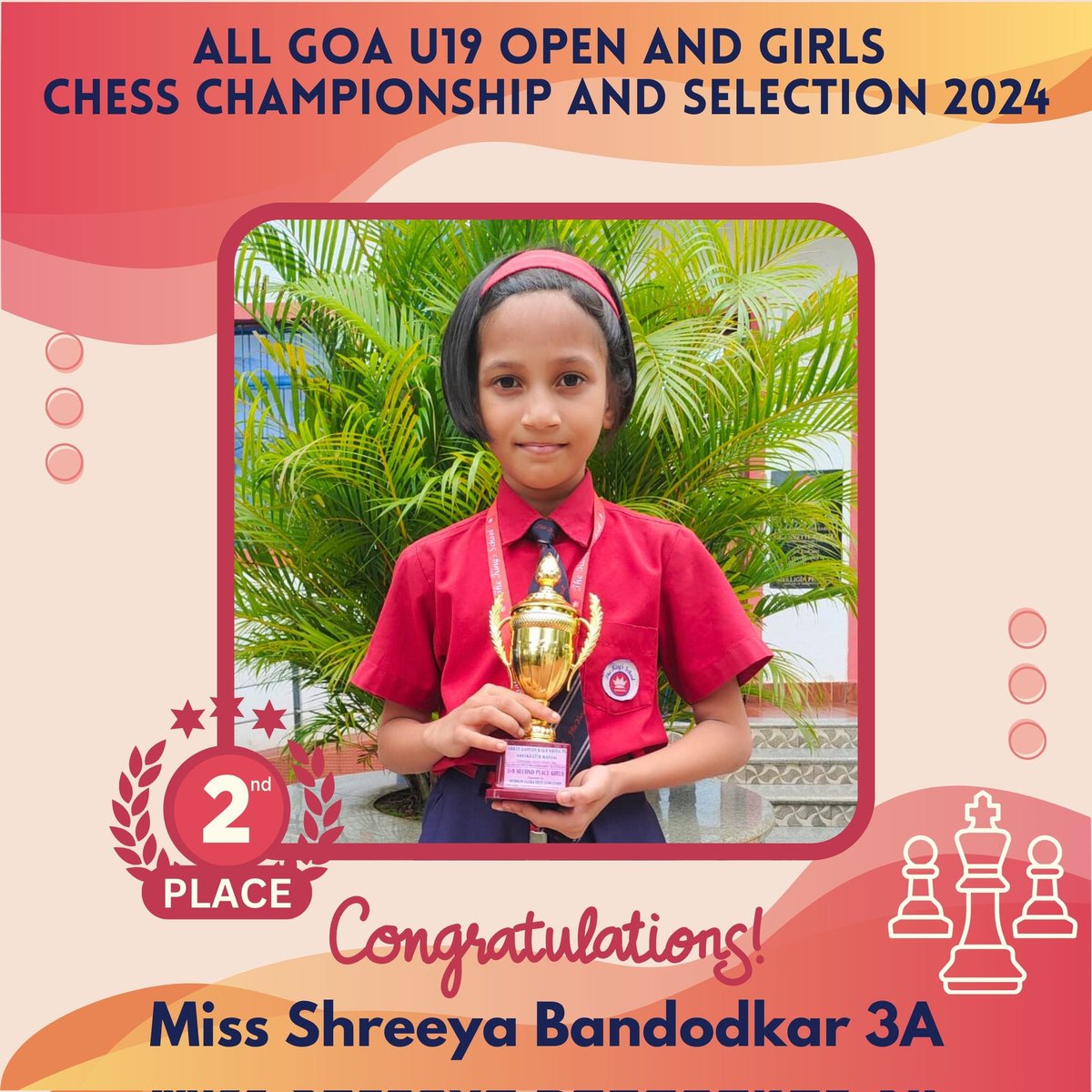 thekingschool's tweet image. Warm wishes to Miss Shreeya Bandodkar 3A for securing 2nd Place🏆 at the All Goa U19 Open and Girls Championship/Selection 2024. Shreeya participated in the U9 Girls category. 🎉✨ Well done Shreeya!
#GirlwithGoals #ChessTalent #NurturingTalent #ChessCompetition #TKSGoa
