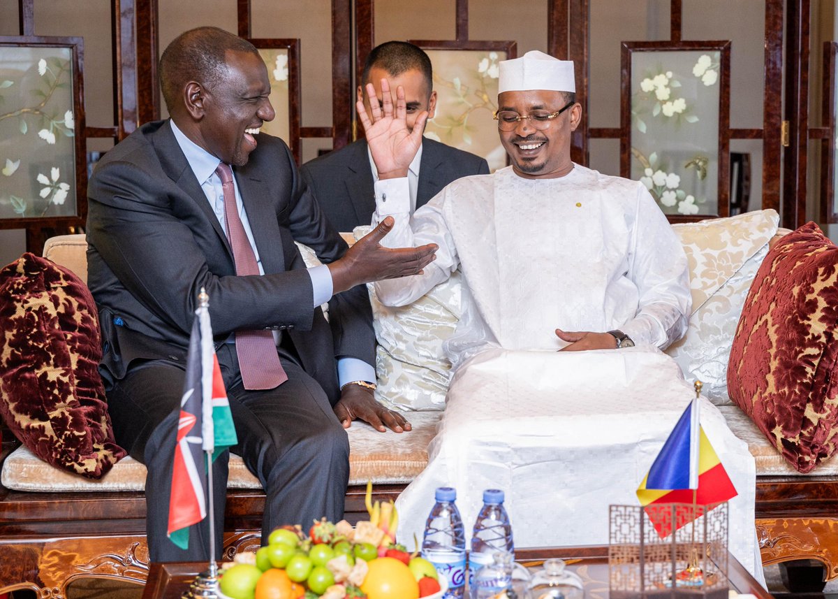 WilliamsRuto's tweet photo. Kenya and Chad are exploring areas of cooperation to enhance our diplomatic relations in areas of mutual interest, including trade, regional security and climate action.

Held talks with President @GmahamatIdi of Chad in Beijing, China, on the country's role in helping resolve the conflict in Sudan, especially the influx of refugees.

Also discussed support for the candidature of the Rt Hon. @RailaOdinga's bid for the position of African Union Commission chairperson.