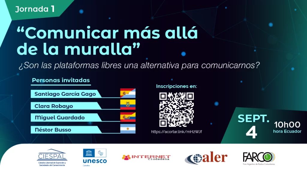 Hoy hablamos de plataformas libres y medios comunitarios en las jornadas "Comunicar más allá de la muralla" que organizan @InternetCiudada <a href="/UNESCOQuito/">UNESCO en Ecuador #educación #cultura #ciencia #CI</a> <a href="/farcoargentina/">FARCO</a> y <a href="/alerprensa/">ALER NOTICIAS</a>  en <a href="/ciespal/">CIESPAL</a>  ciespal.org/comunicar-mas-… (aprovecha y síguenos en mastodon.social/@radioslibres)