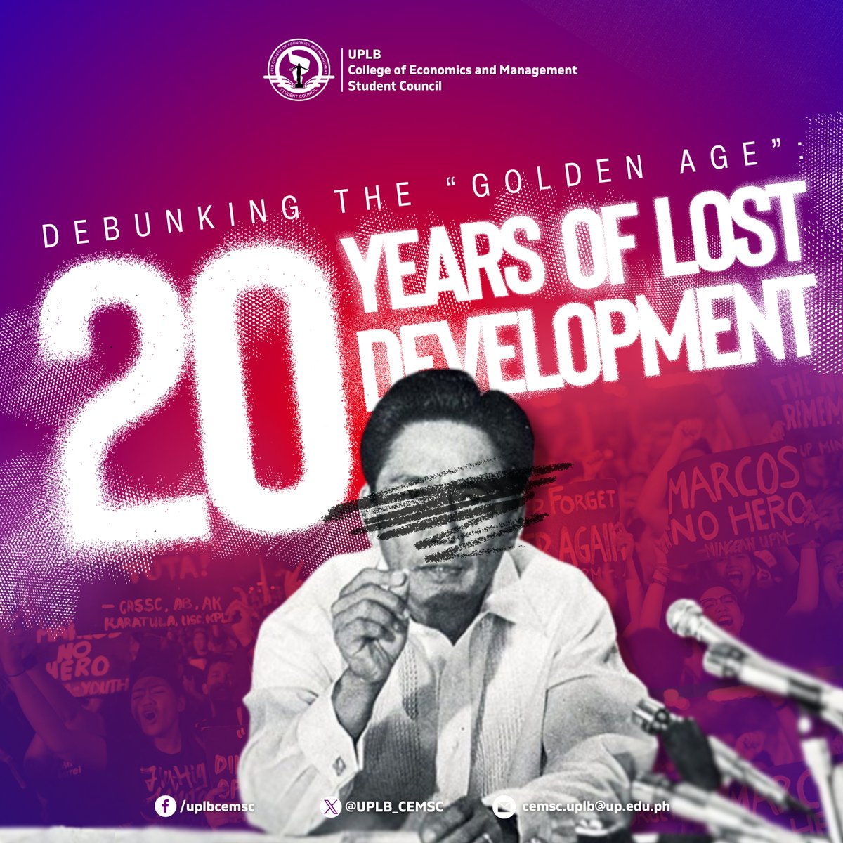 UPLB_CEMSC's tweet photo. Uy, kaCEMa! Narinig mo na ba yung “two decades of 
 lost development”? Kung hindi pa, hayaan mo akong ipaliwanag kung bakit hindi very mindful at very demure si Marcos Sr. Biruin mo, dalawang dekada rin siyang nakaupo bilang presidente pero he's not giving to our economy!! (1/3) https://t.co/QtZDYerdqW