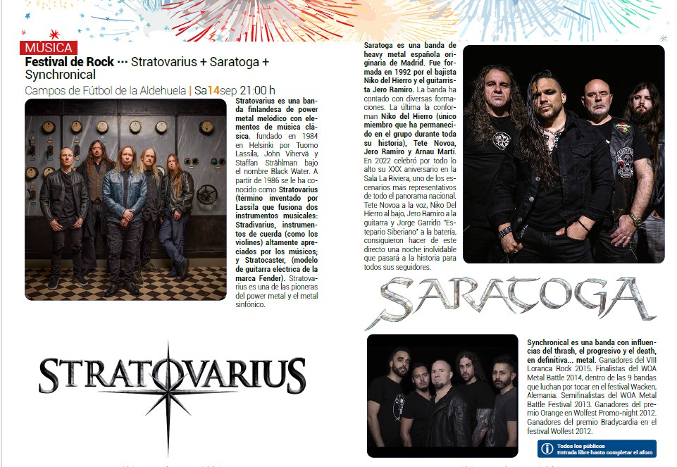 AytoFuenlabrada's tweet photo. Festival de Rock con Stratovarius + Saratoga + Synchronical
📍 Campos de Fútbol de la Aldehuela
📅 Sábado 14 sep 21:00 h
#FiestasFuenlabrada2024 #Stratovarius #Saratoga #Synchronical #CiudadViva #MúsicaEnDirecto https://t.co/6QHU1qo5RE