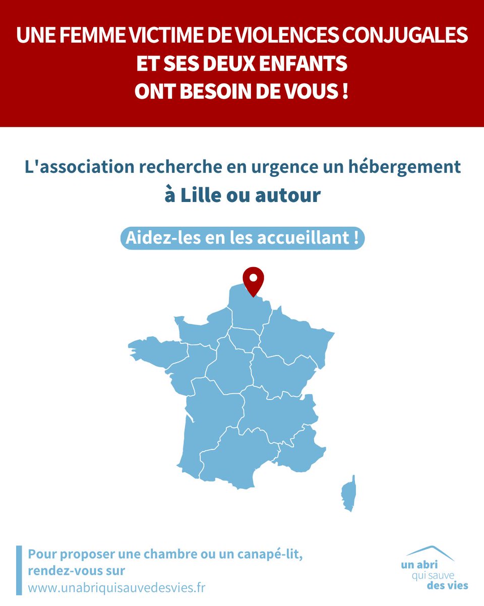 ⚠️ URGENCE #VIOLENCESCONJUGALES⚠️

Un abri qui sauve des vies recherche un lieu sûr pour héberger en urgence une femme et ses 2 enfants à 📍#Lille (59)

Pour les aider, vous pouvez l'accueillir.

La durée est déterminée selon vos disponibilités.

Merci de partager 🙏