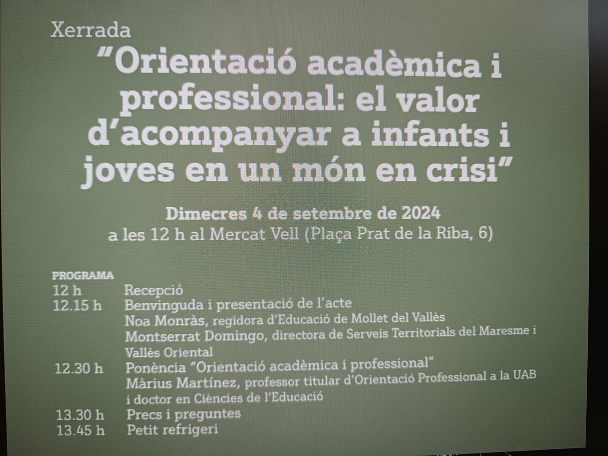 CRPVOII (@crpvoii) on Twitter photo Presentació d'inici de curs per la comunitat educativa de Mollet reflexionant sobre l'orientació amb Màrius Martínez: "L'orientació és un procés d'acompanyament, no de prescripció". <a href="/ajmollet/">Ajuntament de Mollet del Vallès</a>
<a href="/MariusMartinez6/">Marius Martinez</a> <a href="/SSTTMVO/">ST_MVO</a> Presentació d'inici de curs per la comunitat educativa de Mollet reflexionant sobre l'orientació amb Màrius Martínez: "L'orientació és un procés d'acompanyament, no de prescripció". <a href="/ajmollet/">Ajuntament de Mollet del Vallès</a>
<a href="/MariusMartinez6/">Marius Martinez</a> <a href="/SSTTMVO/">ST_MVO</a>