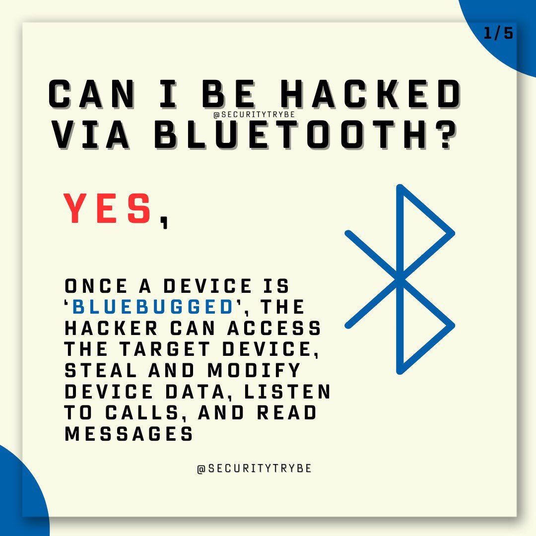 SecurityTrybe's tweet photo. Can I be hacked via Bluetooth?
A thread 👇 https://t.co/pKsKWqep8r