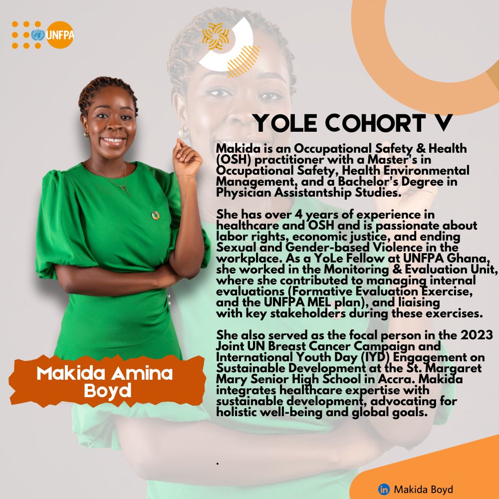 UNFPA Ghana (@unfpaghana) on Twitter photo <a href="/_msboyd/">Makida Boyd</a> is a Physician Assistant and an Occupational Safety and Health practitioner.
Her key competencies are in leadership, innovation, adaptability, continuous learning and problem solving.
#Strengthin33
#leadership
#youth <a href="/_msboyd/">Makida Boyd</a> is a Physician Assistant and an Occupational Safety and Health practitioner.
Her key competencies are in leadership, innovation, adaptability, continuous learning and problem solving.
#Strengthin33
#leadership
#youth