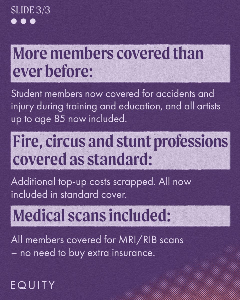 🔥Your Equity membership is getting better 🔥

From 1 October, our new package of insurance cover for all Equity members will include:

✔️Double the weekly payout for most members
✔️Cover for all professional activities
✔️Inclusive cover for more professions