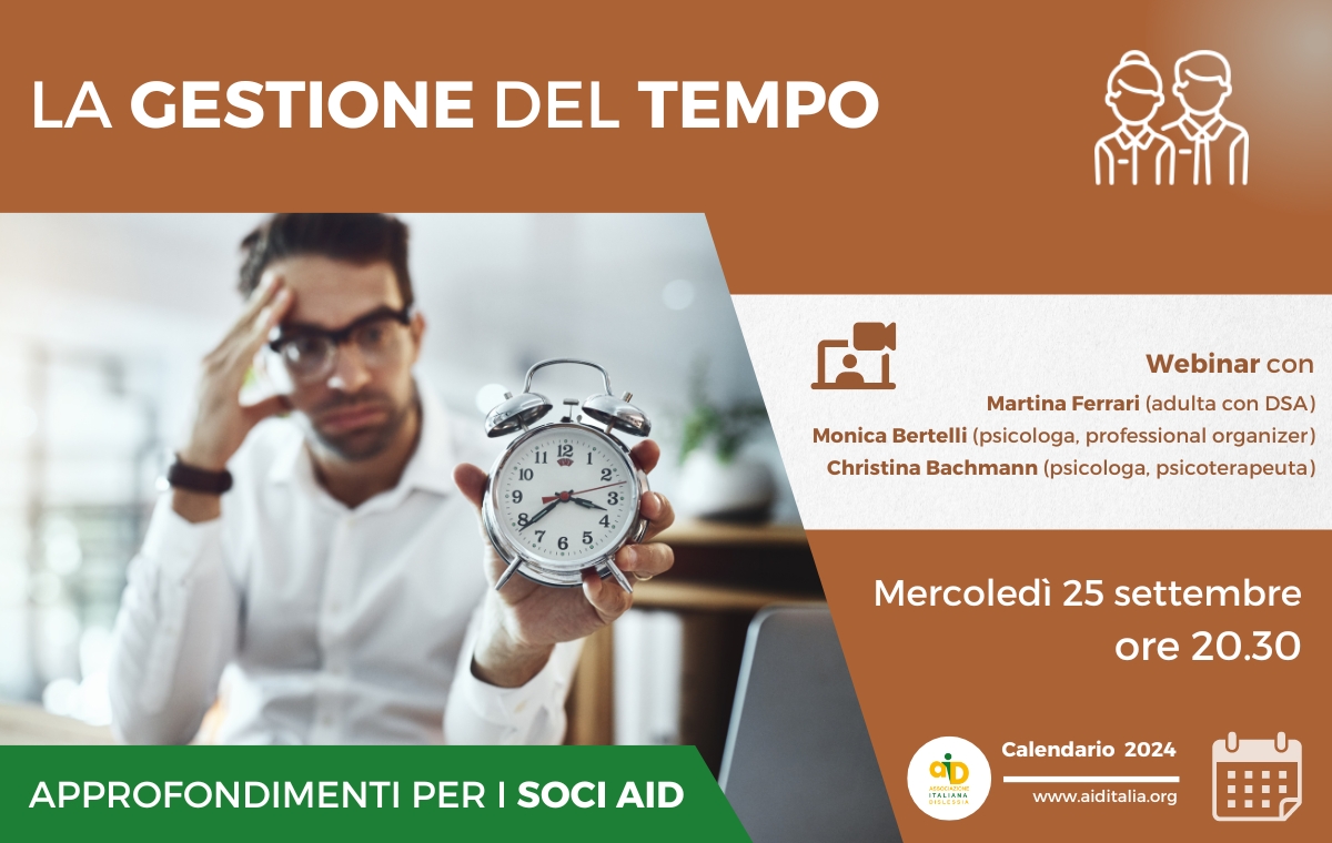 Una delle difficoltà più frequenti nelle persone con #DSA riguarda l'#organizzazione della giornata. Esistono però delle strategie per imparare a organizzarsi in maniera efficiente e con minore fatica.
Iscriviti al webinar AID👇
bit.ly/webinar_25sett