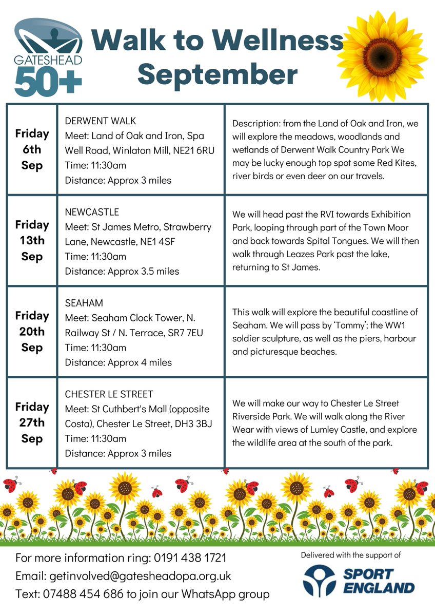 If you're interested in meeting new people, enjoying the scenery of our beautiful region, and getting some fresh air, you should join our weekly walk!  Please ring 0191 438 1721 for more information, or simply meet us at the starting point.  See you on Friday!  ☺