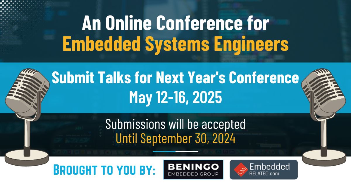 The Embedded Online Conference 2025 call for talks is now open! 

If you want to share your knowledge about developing embedded products with thousands of like-minded engineers, now's your chance! 

Submit your abstract at:

buff.ly/4dfnaMd