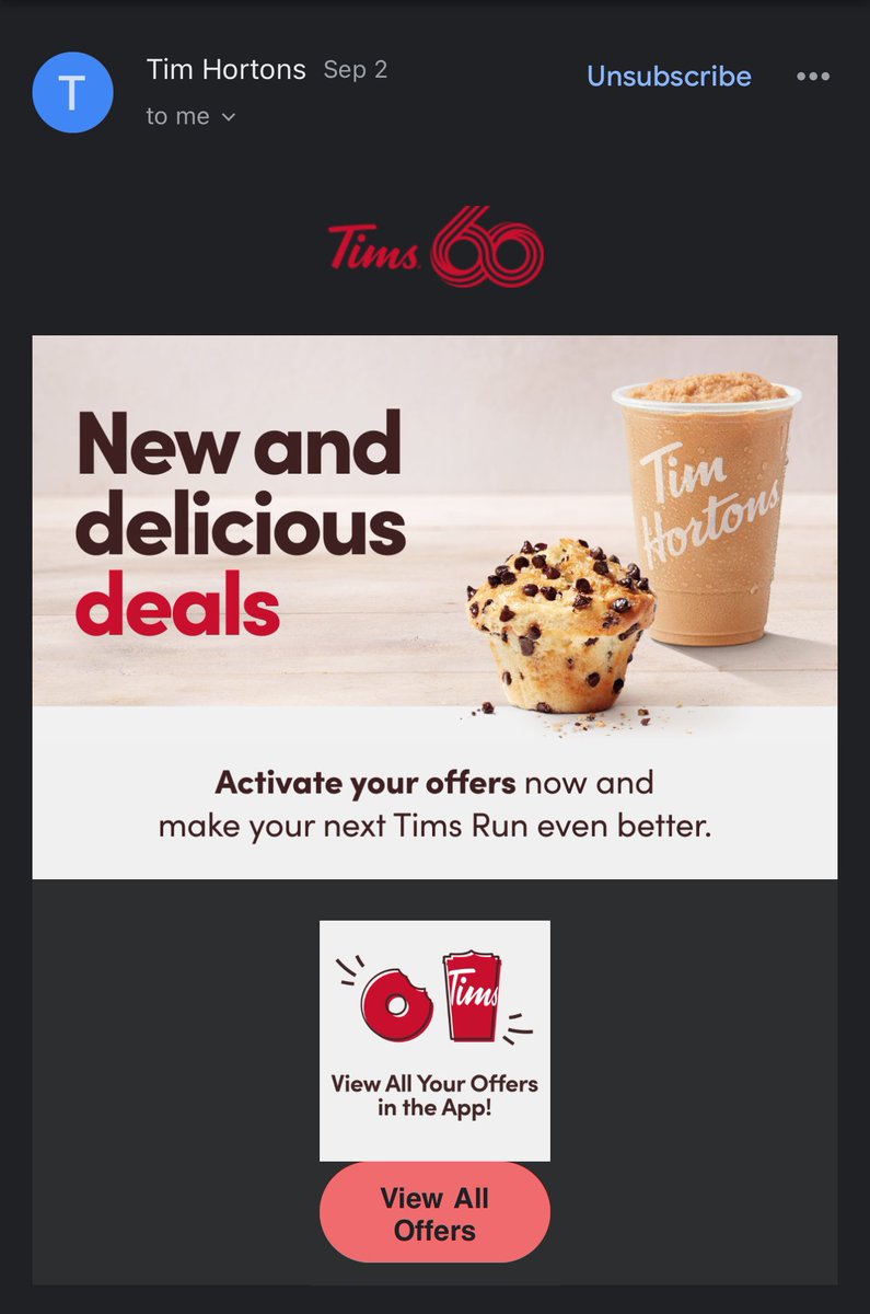 #TimHortons - sends an email telling me to check my offers.