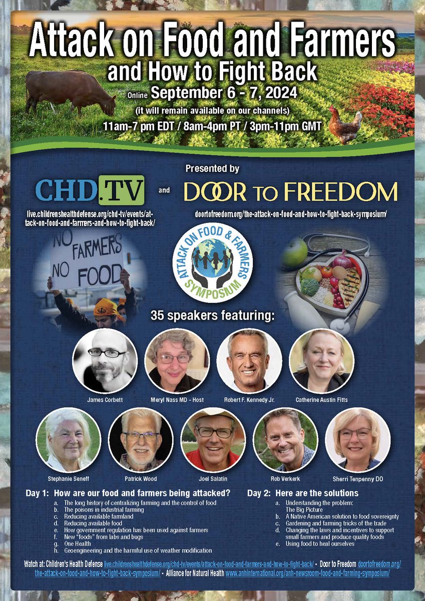 feds4freedomusa's tweet photo. Our food is under attack! FREE online event Sept 6/7. Information is freedom and power. We can fight back. Sponsored by
@NassMeryl @door_tofreedom @RobertKennedyJr @ChildrensHD
Watch here https://t.co/o2xFnoGusD
#FedsForFreedom @3efarmsllc https://t.co/pCYUgPIFmh