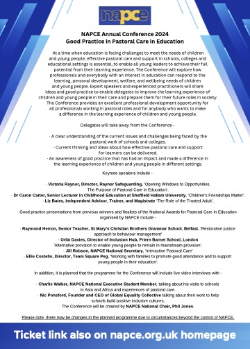*TICKETS ON SALE*

NAPCE Annual Conference 2024 - "Good Practice in Pastoral Care in Education"

Valuable for people working in pastoral care roles in education. Important topics to be explored &amp; an impressive line-up of prestigious guest speakers

Tickets …ce-annual-conference.eventbrite.co.uk