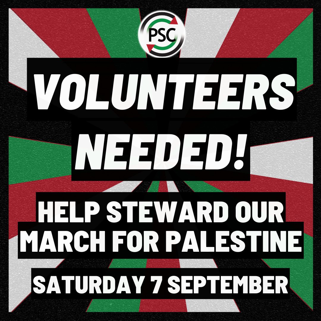 🚨 HELP STEWARD OUR LONDON MARCH THIS SATURDAY 🇵🇸

We need volunteers to help steward our London march for Palestine on Saturday 7 September.

FILL OUT THE FORM TO SIGN UP: palestinecampaign.org/stewards-neede…