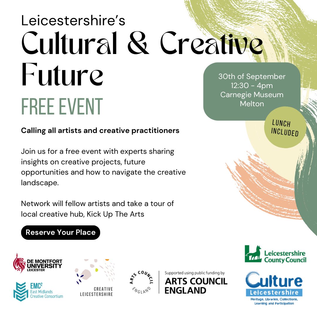 🖌️Artists and Creative Practitioners, you're invited!🤩

- Gain insight on creative projects
- Learn more about opportunities for growth
- Network with professionals &amp; other local creatives in the community

Book your place now: ow.ly/uQVj50Teea6
#Letscreate @leicsmuseums