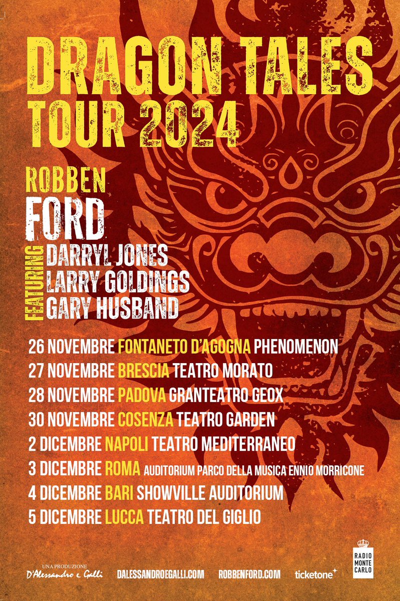 Announcing Robben Ford Italy Tour Nov/Dec 2024

On Sale: Friday, September 6 at 11:00
For further information, please visit dalessandroegalli.com
For information and bookings for people with disabilities: dalessandroegalli.com/site/tickets