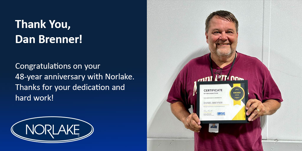 Join us in celebrating Dan Brenner's incredible 48-year journey with Norlake! Dan's dedication and hard work have been instrumental in our success. Thank you, Dan, for your unwavering commitment. Here's to you! 
#Norlake #EmployeeAppreciation