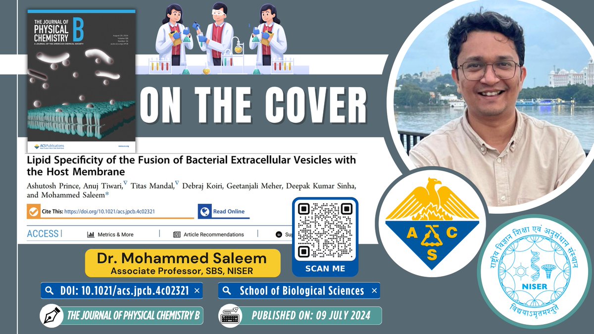 NISER (@niser_official) on Twitter photo Congrats to <a href="/Ssaleem_M/">Saleem Mohammed</a>, Assoc. Prof. at <a href="/SBSNISER/">SBS, NISER</a>, whose research is featured on <a href="/JPhysChem/">The Journal of Physical Chemistry</a> B cover! This study shows bacterial membrane vesicles boost membrane fluidity, favor liquid-disordered regions, and are inhibited by high cholesterol.
Full article: tinyurl.com/23rutrzn Congrats to <a href="/Ssaleem_M/">Saleem Mohammed</a>, Assoc. Prof. at <a href="/SBSNISER/">SBS, NISER</a>, whose research is featured on <a href="/JPhysChem/">The Journal of Physical Chemistry</a> B cover! This study shows bacterial membrane vesicles boost membrane fluidity, favor liquid-disordered regions, and are inhibited by high cholesterol.
Full article: tinyurl.com/23rutrzn
