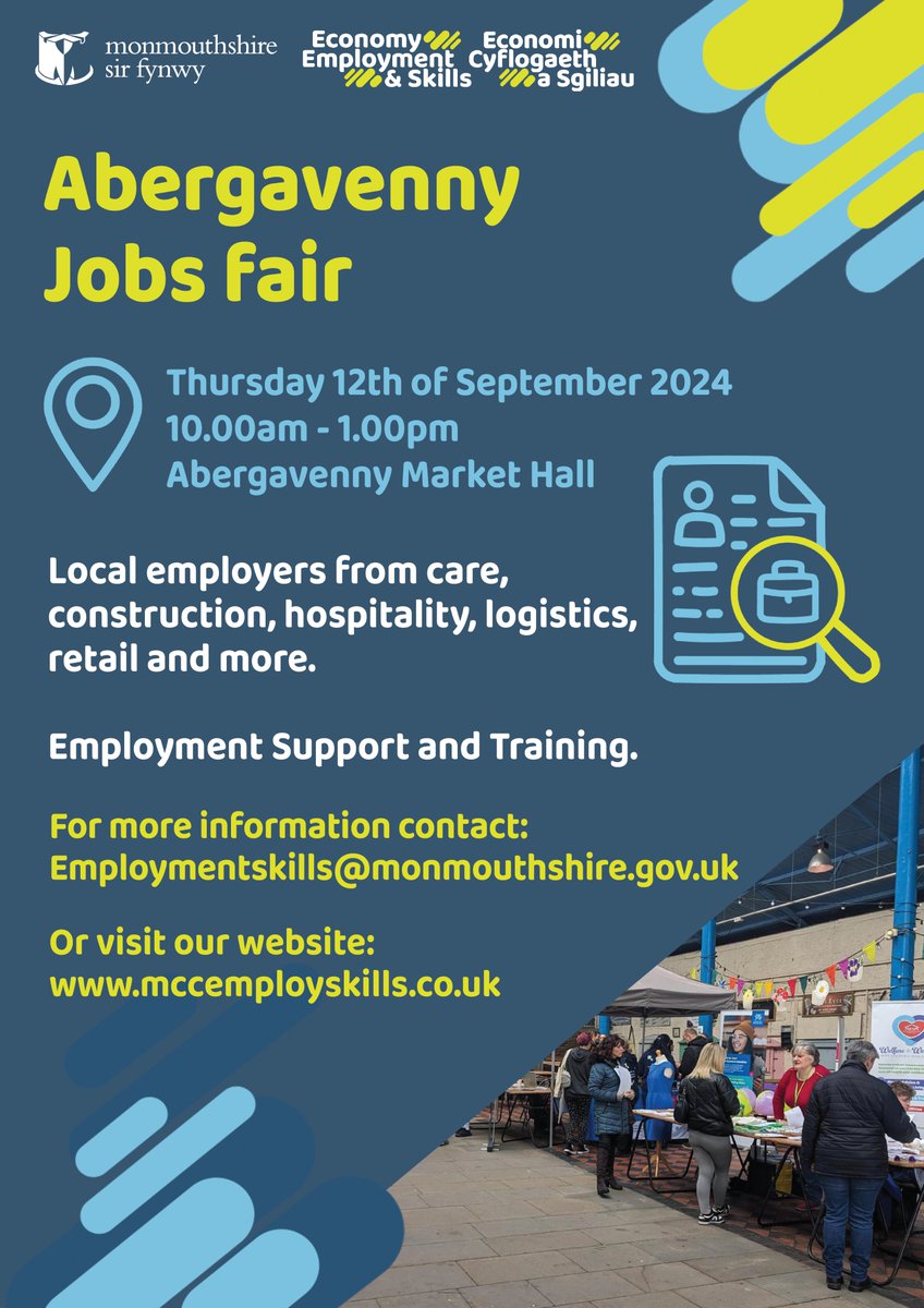 📢𝗔𝗯𝗲𝗿𝗴𝗮𝘃𝗲𝗻𝗻𝘆 𝗝𝗼𝗯𝘀 𝗙𝗮𝗶𝗿 - 𝟭𝟮/𝟬𝟵/𝟮𝟬𝟮𝟰📢

Are you looking for employment options?

Come along to #abergavenny Jobs Fair to meet local employers from care, construction, hospitality, logistics and more.

#employment #jobsfair #JobFair2024 #Monmouthshire