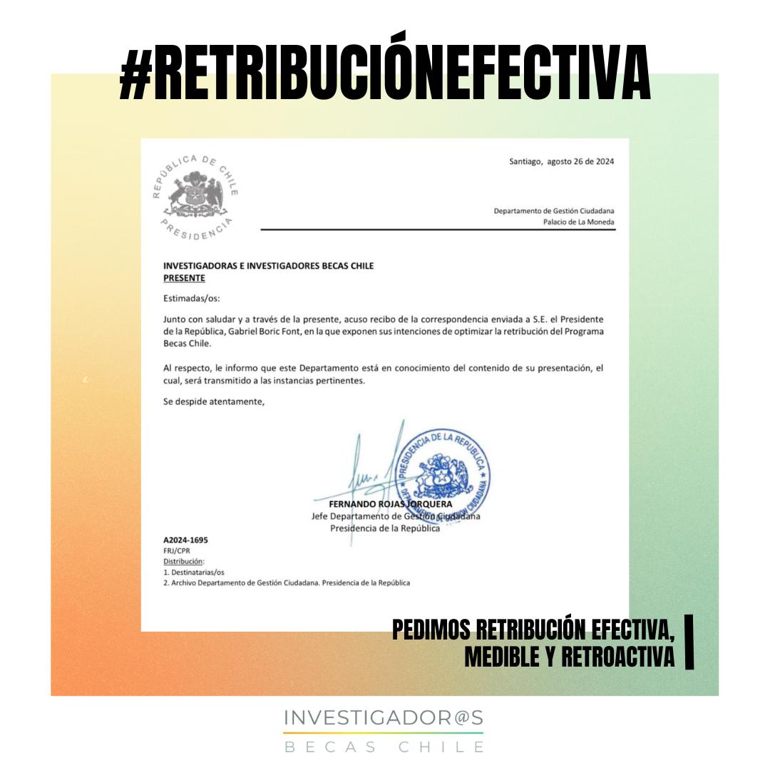 El 20 de agosto enviamos una carta al presidente <a href="/GabrielBoric/">Gabriel Boric Font</a>, firmada por 1.223 personas 😃 Pedimos que se escuche a l@s investigador@s chilenos en el extranjero que quieren aportar al país AHORA, y se implemente un mecanismo de #RetribucionEfectiva , medible y retroactiva 🙏🏽