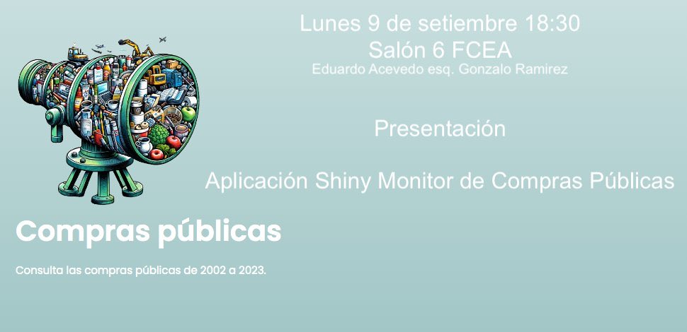 🔔Jornadas Académicas de <a href="/FCEA_UdelaR/">FCEA Udelar</a> - Presentamos #MonitordeComprasPúblicas
Veinte años de datos sobre organismos, proveedores, productos y más, paneles interactivos, datos para descargarse y código abierto.
Investigación financiada por ANII. 
¡Súmense!