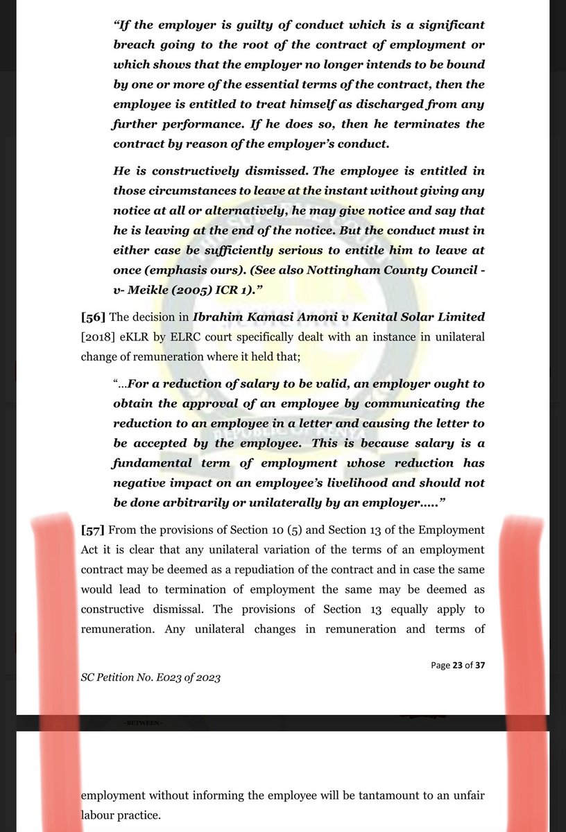 CaxstonePKigata's tweet photo. The Supreme Court has held that unilateral variation of terms of employment contract by an employer may be deemed repudiation of contract and if the same leads to termination of employment, it may be deemed as constructive dismissal. https://t.co/bdNXUHrr4q