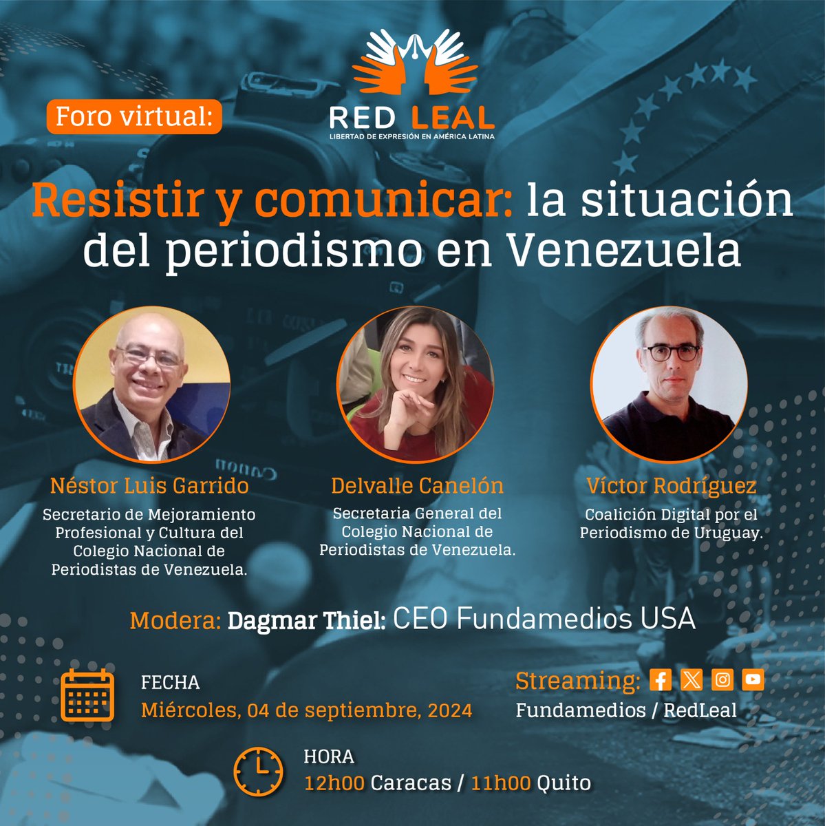 #HOY 💻#ForoVirtual | Conoce sobre la situación del periodismo en #Venezuela, junto a Néstor Luis Garrido <a href="/nhessofu/">Néstor Luis Garrido</a>, secretario de mejoramiento profesional en el <a href="/cnpven/">cnpven</a>; <a href="/CanelonDelvalle/">Delvalle Canelón</a>, secretaria general del <a href="/cnpven/">cnpven</a>; Víctor Rodríguez <a href="/ConVmro/">Víctor M Rodríguez 🇺🇾</a>, de la Coalición digital por el