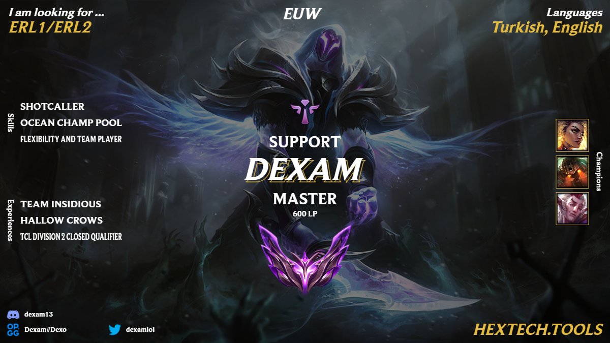 LFT

The last split didn't go the way I wanted, but my motivation is still at its peak. I can't wait to show what I can do.

VODs can be requested

Contact via DM or Discord (dexam13)
Likes and retweets appreciated!