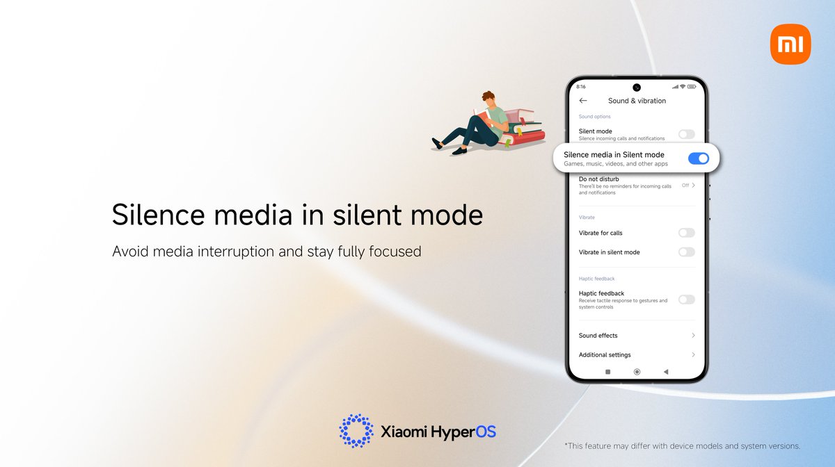 XiaomiHyperOS_'s tweet image. Activate &quot;Silence media in silent mode&quot; to automatically mute media sounds from videos, games, and more.

💡Tips：1. Open &quot;Settings&quot; ---&amp;gt; 2. Click &quot;Sound &amp;amp; vibration&quot; ---&amp;gt; 3. Select &quot;Sound options&quot; ---&amp;gt; 4. Turn on &quot;Silence media in Silent mode&quot;
#MediaSound #XiaomiHyperOS #MIUI…
