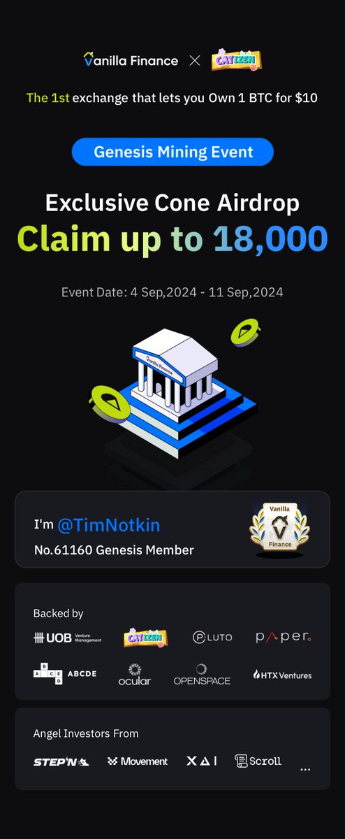 #VanillaFinance — первая биржа, которая позволяет вам владеть 1 биткоином за 10 долларов. Майнинг Genesis уже запущен. Получите до 18 000 Cone! #Airdrop #Miniapp