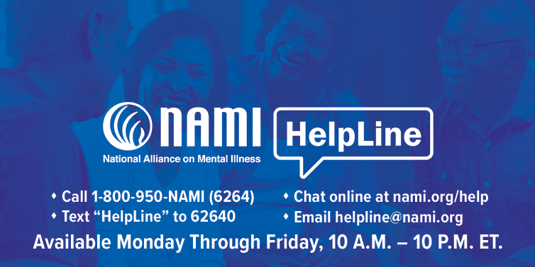 NAMICommunicate's tweet image. How can the free NAMI HelpLine support you? Our trained staff and volunteers offer a supportive and listening ear, informed by their own lived experiences with mental health conditions. They can provide guidance towards seeking the NAMI program or resources to best meet your…