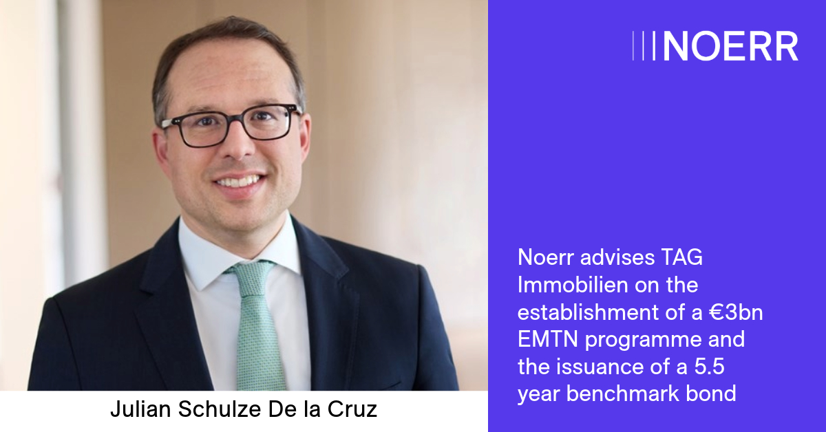 Noerr_Law's tweet photo. Noerr has advised TAG Immobilien AG on the establishment of a up to EUR 3 bn Debt Issuance Programme and the issuance of an unsecured, fixed rate bond in the volume of EUR 500 million.

More https://t.co/DqhE155ebE 

#TeamNoerr #NoerrDigital #CapitalMarkets #DCM #Bond #DIP #Notes https://t.co/FuYZlmHWo8