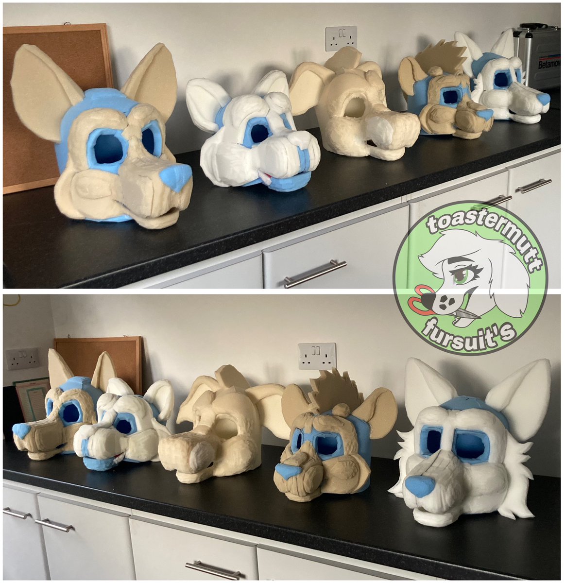First batch of head bases complete!🎊
In this photo we’ve got a: wolf/husky, red panda, hyena/clown, tiger, and an arctic fox! I can’t wait to get these finished!👀🔥
I know it doesn’t look like much for now but trust the process!!
More WIP’s soon!!!📸🎨✂️🪡