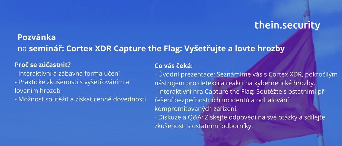 thein_security's tweet image. Datum: 17.9.2024, od 10.00 -12.00 v Event room, TD SYNNEX, Líbalova 2348/1, Praha – Chodov
Registrace: forms.office.com/pages/response……
#PANW #CortexXDR #XDR