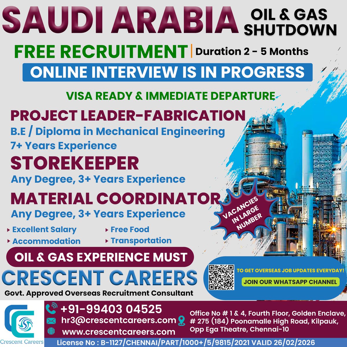jobstoabroad's tweet image. Recruitment for Oil &amp;amp; Gas Company in SAUDI ARABIA

ONLINE INTERVIEW IS IN PROGRESS

FREE RECRUITMENT | DURATION 2-5 MONTHS

Contact: +91-99403 04525

#Storekeeper #materialcoordinator #projectleader #mechanical #fabrication #saudijobseeker #saudiarabiajobs #gulfshutdown