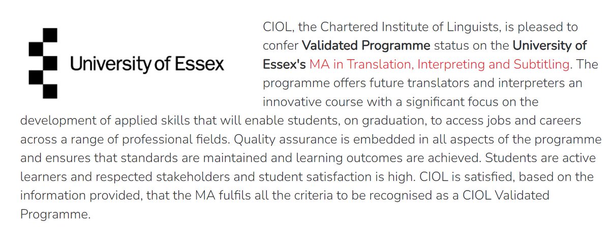 Natalia Rodríguez Vicente, PhD (@nataliatanalia) on Twitter photo 📢 We are excited to announce that the <a href="/Uni_of_Essex/">University of Essex</a> MA in #Translation, #Interpreting and #Subtitling at <a href="/EssexLang_Ling/">Lang & Ling</a> has been awarded <a href="/CIOL_Linguists/">Chartered Institute of Linguists</a> Validated Programme status! 🎉 👇 📢 We are excited to announce that the <a href="/Uni_of_Essex/">University of Essex</a> MA in #Translation, #Interpreting and #Subtitling at <a href="/EssexLang_Ling/">Lang & Ling</a> has been awarded <a href="/CIOL_Linguists/">Chartered Institute of Linguists</a> Validated Programme status! 🎉 👇