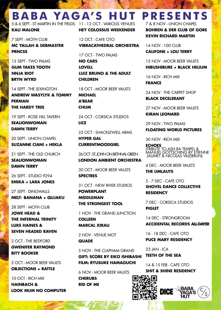 Baba Yaga's Hut (@byhut) on Twitter photo Here's our listings for the rest of the year and start of next. 52 shows here to keep you entertained with a couple that aren't announced yet!
Last tickets for Kali Malone this week, <a href="/melt_banana/">MELT-BANANA</a>, <a href="/Hainbach101/">HAINBACH</a> & <a href="/LOOKMUMNOCMPUTR/">LOOK MUM NO COMPUTER</a>.
dice.fm/promoters/baba… Here's our listings for the rest of the year and start of next. 52 shows here to keep you entertained with a couple that aren't announced yet!
Last tickets for Kali Malone this week, <a href="/melt_banana/">MELT-BANANA</a>, <a href="/Hainbach101/">HAINBACH</a> & <a href="/LOOKMUMNOCMPUTR/">LOOK MUM NO COMPUTER</a>.
dice.fm/promoters/baba…