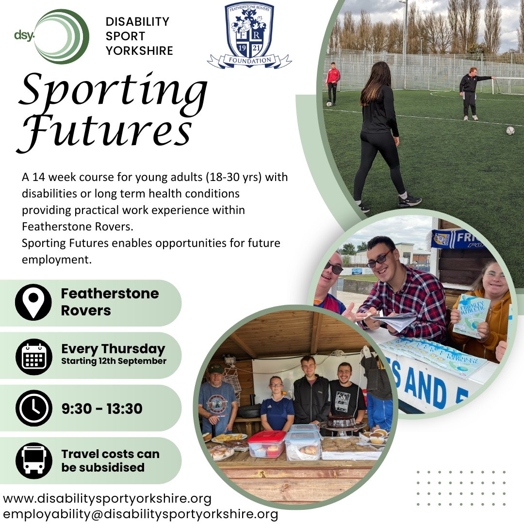 DisabilitySportYorks (@dissportyorks) on Twitter photo Our Sporting Futures course in partnership with <a href="/FevFoundation/">Featherstone Rovers Foundation</a> starts this time next week 🤩
Offering the perfect opportunity for young adults to be apart of the wide variety of jobs roles within a sports club ✨
Use the link below to book 👇
…bilitysportyorkshire.coordinate.cloud/project/59676 Our Sporting Futures course in partnership with <a href="/FevFoundation/">Featherstone Rovers Foundation</a> starts this time next week 🤩
Offering the perfect opportunity for young adults to be apart of the wide variety of jobs roles within a sports club ✨
Use the link below to book 👇
…bilitysportyorkshire.coordinate.cloud/project/59676