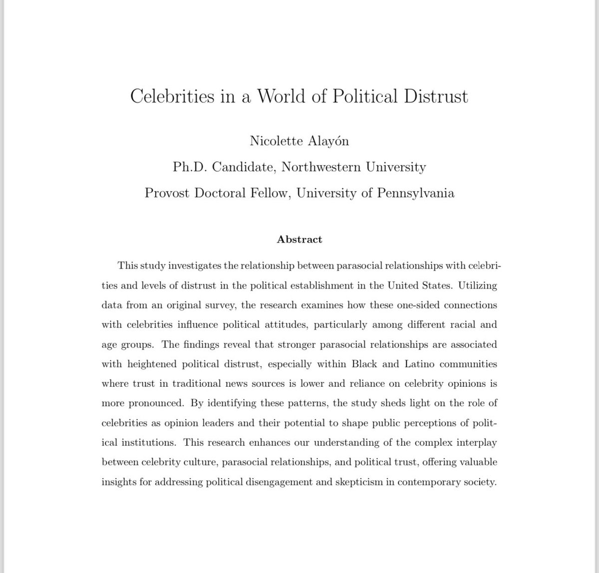 🚨APSA Presentation and Job Market announcement! I’ll be presenting a chapter of my dissertation on the parasocial political power of celebrities on Friday at 8am. And, I am on the job market this year! Looking forward to great conversations and collaboration.