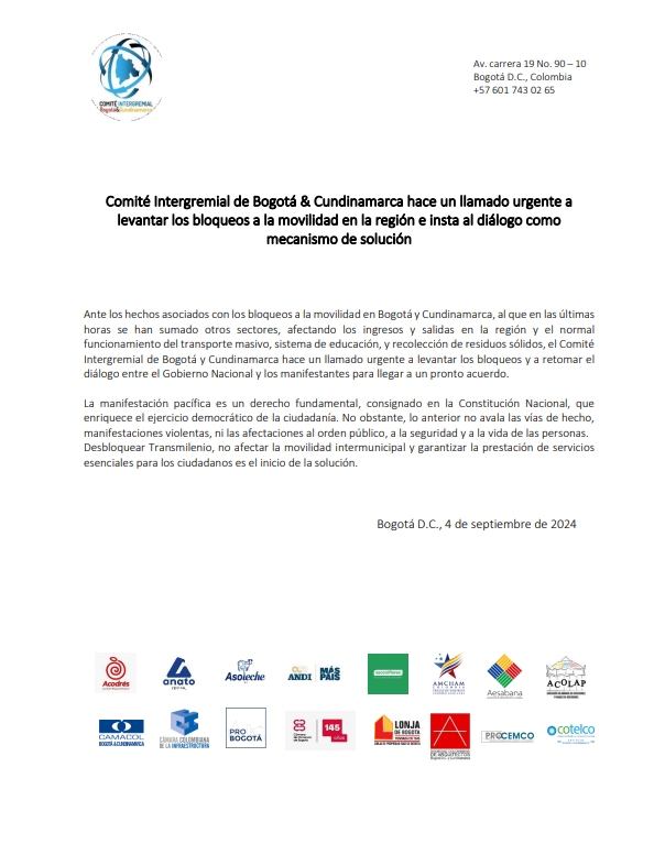 ComiteCIRC's tweet photo. #Comunicado / Comité Intergremial de Bogotá &amp; Cundinamarca hace un llamado urgente a levantar los bloqueos a la movilidad en la región e insta al diálogo como mecanismo de solución. https://t.co/c8LyPuwFX9