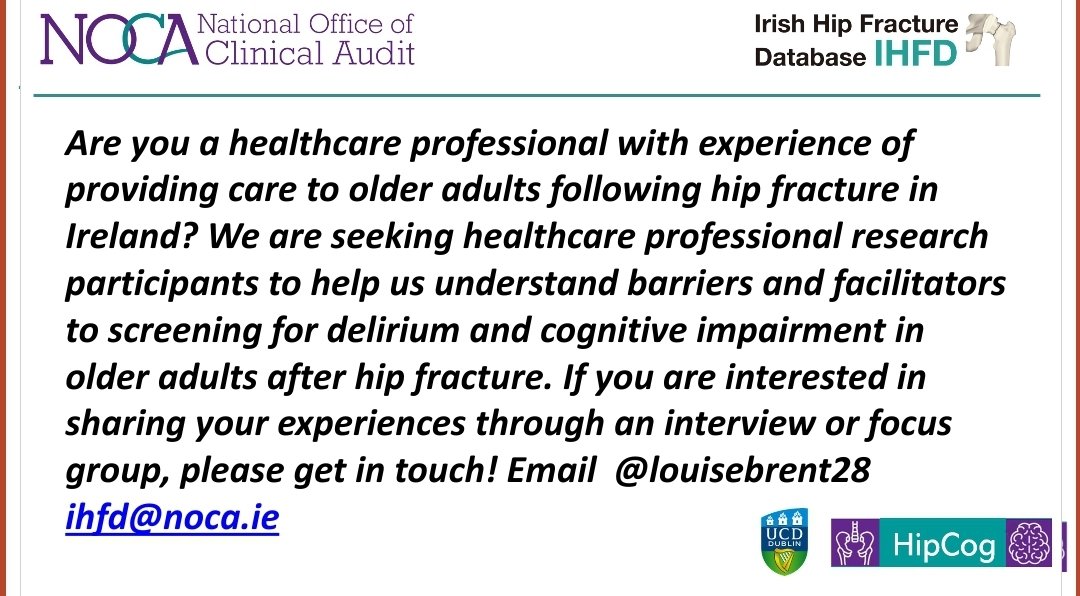 National Office of Clinical Audit (@noca_irl) on Twitter photo Calling all hip fracture healthcare professionals to participate in a <a href="/hrbireland/">HealthResearchBoard</a> study #HipCog to explore cognition and delirium in hip fracture patients led by <a href="/MerrimanNiamh/">Niamh Merriman</a>. #hipfracture <a href="/louisebrent28/">Louise</a> <a href="/pamelahickey32/">Pamela</a> <a href="/GerMcMahon1/">Ger McMahon</a> <a href="/NCPTOS/">Trauma and Orthopaedic Programme</a> <a href="/irishgerontsoc/">Irish Gerontological Society</a> Calling all hip fracture healthcare professionals to participate in a <a href="/hrbireland/">HealthResearchBoard</a> study #HipCog to explore cognition and delirium in hip fracture patients led by <a href="/MerrimanNiamh/">Niamh Merriman</a>. #hipfracture <a href="/louisebrent28/">Louise</a> <a href="/pamelahickey32/">Pamela</a> <a href="/GerMcMahon1/">Ger McMahon</a> <a href="/NCPTOS/">Trauma and Orthopaedic Programme</a> <a href="/irishgerontsoc/">Irish Gerontological Society</a>