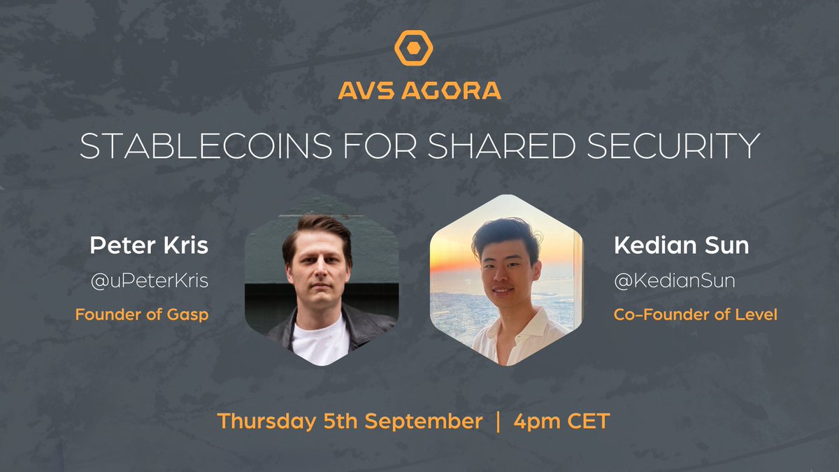 Happening Tomorrow | AVS Agora 🎙️ Our founder @uPeterKris and @KedianSun,  co-founder of @levelusd, will dive into the world of stablecoins and their  critical role in providing shared security for AVSs. 📅