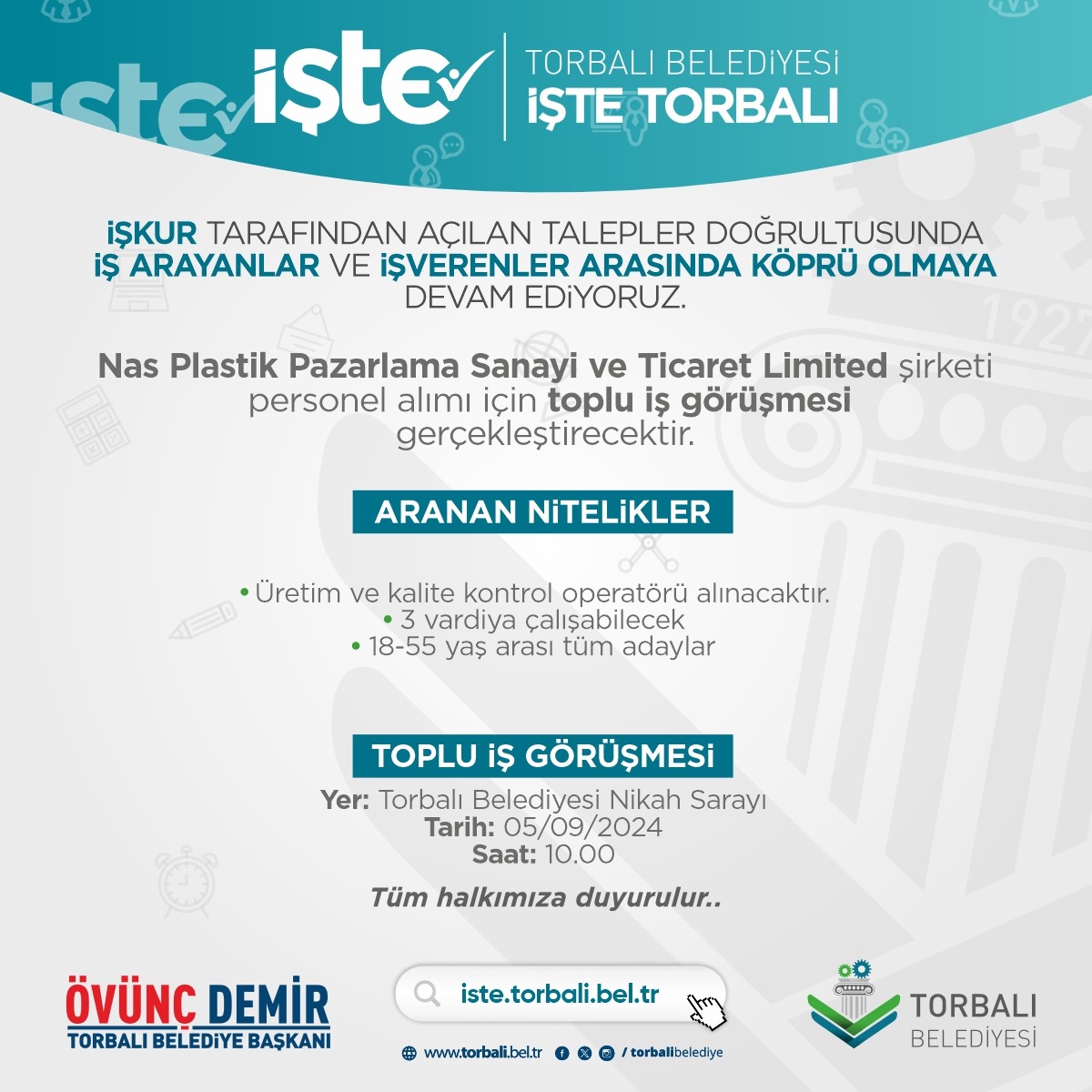 'İşte Torbalı' projesi ile İŞKUR tarafından açılan talepler doğrultusunda iş arayanlar ve işverenler arasında köprü olmaya devam ediyoruz.
