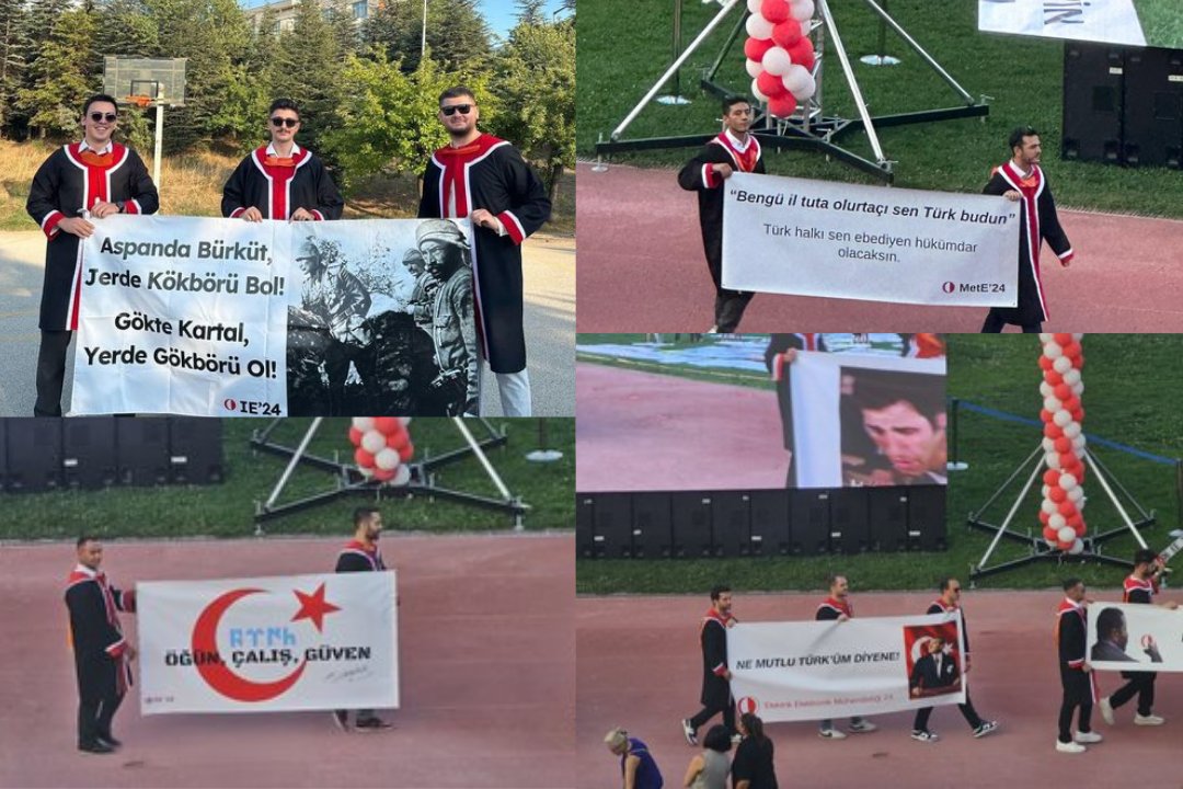 🐺ODTÜ'de öğrenci kılıklı Kürtçü teröristlerin propaganda yaptığı mezuniyet töreninde milliyetçi öğrencilerin taşıdığı pankartlar gündem oldu:

📌Ne mutlu Türk'üm diyene!

📌Gökte kartal, yerde gökbörü ol!

📌Türk halkı sen edebiyen hükümdar olacaksın

📌Türk, Öğün, Çalış, Güven