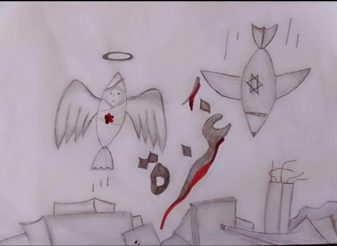 annsplaining's tweet image. I've been taking a twitter hiatus, but I'm coming back to announce that my friend Martin and I are fundraising for a mutual aid fund for two Gazan families. This is a picture drawn by one of our friends in Khan Younis, following the death of his cousin in Israeli bombing ...