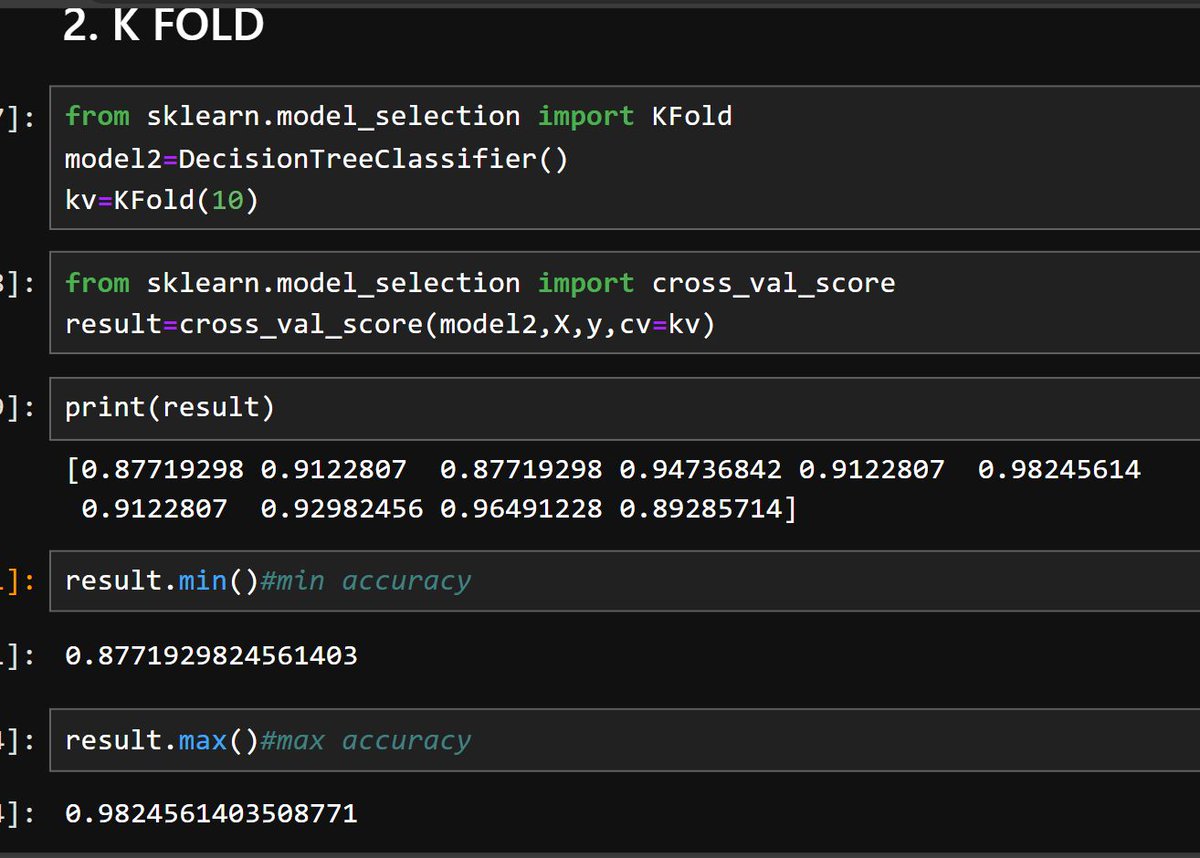 Nikhil_learner's tweet photo. Cross Validation (CV)
Cross Validation is a technique to validate your model by splitting your dataset and test your model on unseen data.
Types : Kfold, straitifed kfold , and  time series CV 
Github code:https://t.co/fiIN4XIM9Q https://t.co/uvsWJobeFo