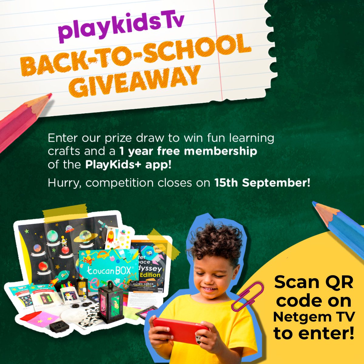 netgemPLEIO's tweet photo. Netgem UK partners with PlayKids TV for a special Back-to-School Giveaway! 

OOffer your customers the chance to win a 1-Year Free Membership to PlayKids+, the award winning App!

Users can enter by scanning the QR code on their TV for a chance to kickstart the school year! https://t.co/dDNPoSicMf