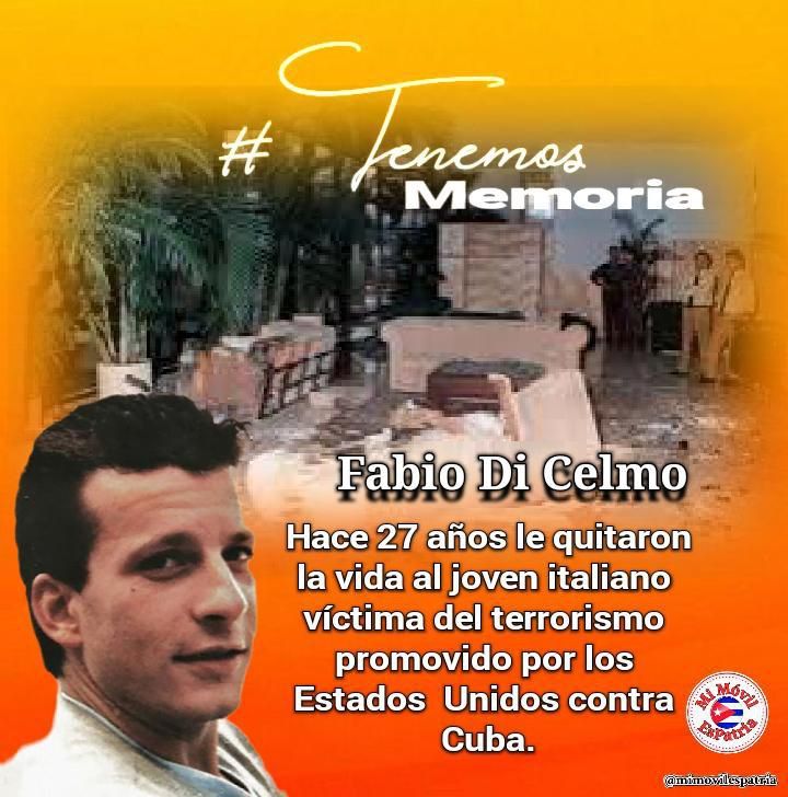 Yolaydis2's tweet photo. Hace 27 años le quitaron la vida al joven italiano Fabio Di Celmo, víctima del terrorismo promovido por los Estados Unidos contra Cuba #TenemosMemoria https://t.co/Y9OgCKpg97