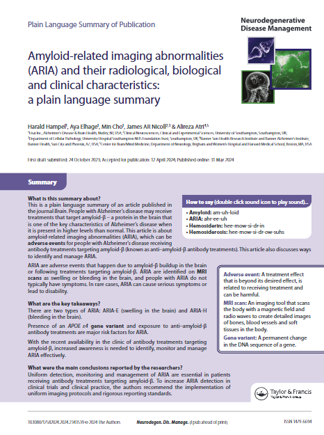 PlainLangSumm's tweet photo. This study explores ways to identify and manage amyloid-related imaging abnormalities (ARIA) in people with Alzheimer's disease undergoing treatment with anti-amyloid-β antibodies. 
https://t.co/YIQaPi1ZnN

 #PlainLanguageSummary #Alzheimers #Neurodegenerative https://t.co/U2EsGsM0qj