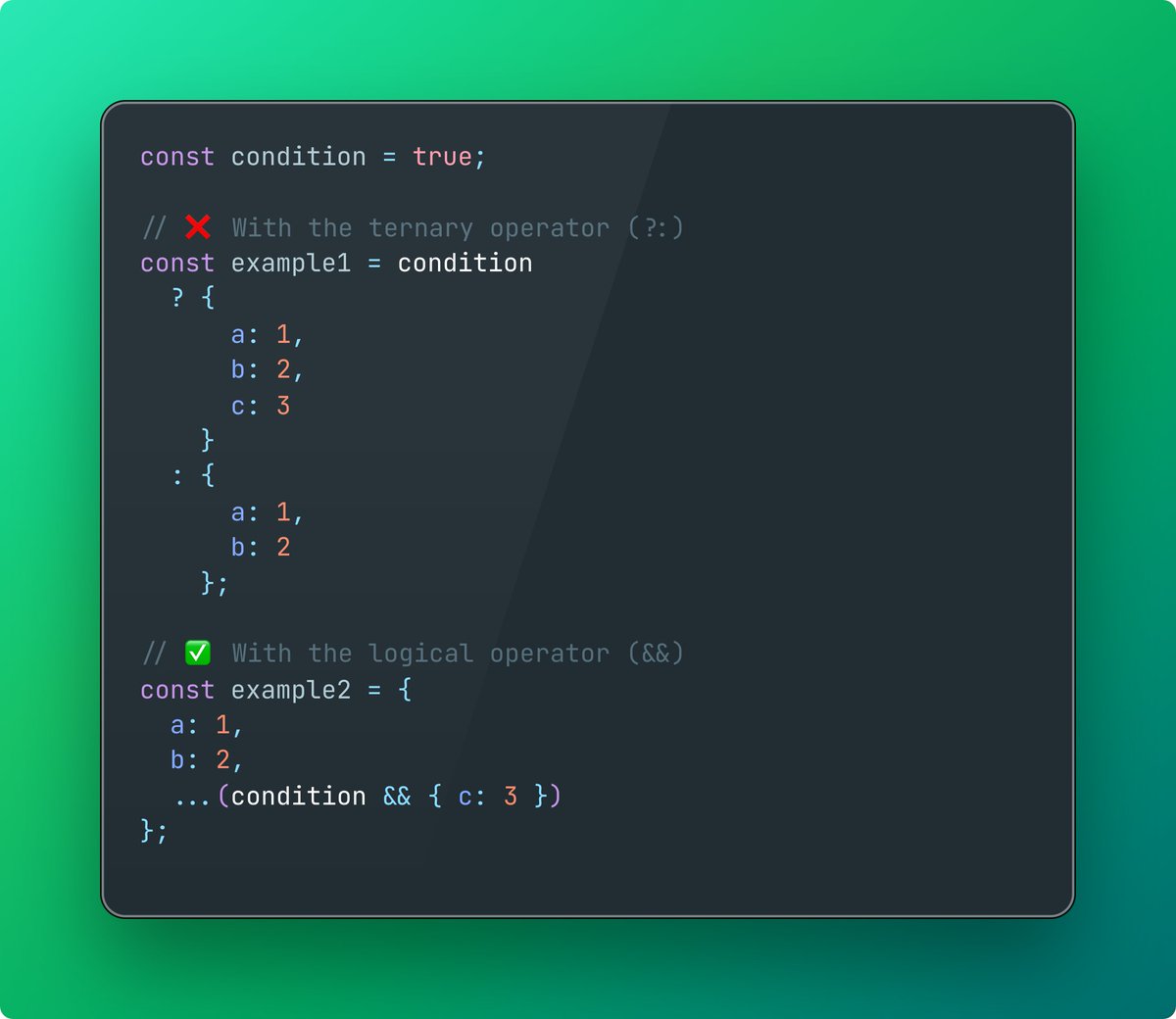 alex_sashchuk's tweet image. 💡JavaScript Tip 🔴

Do you know how to add properties to an object conditionally?

Instead of using ternary operators or if statements, try the logical AND (&amp;amp;&amp;amp;).
It’s a cleaner and simpler approach, especially when handling optional data in complex React ⚛️ states before sending…